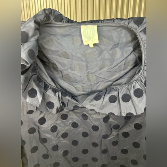 Women’s Devon Baer Navy Blue Polka Dot Silk Ruffle Long Sleeve Midi Dress Large - Picture 3 of 7